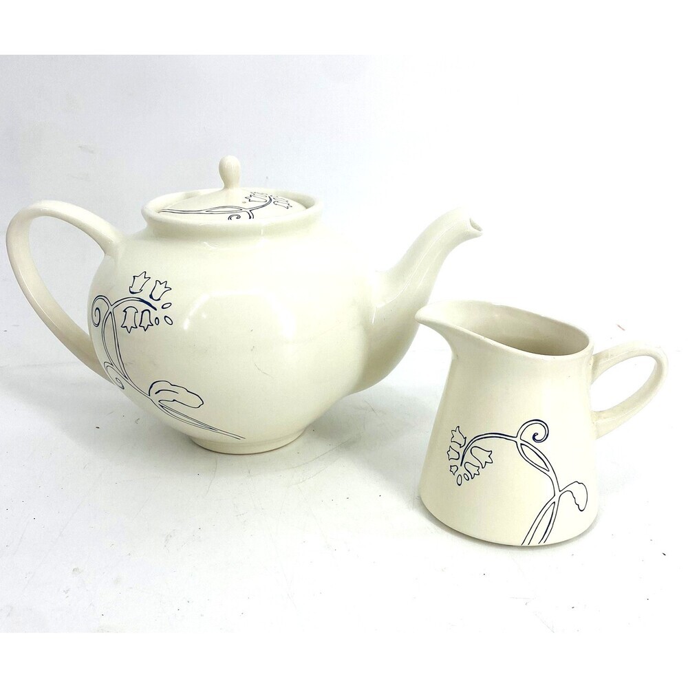 Vintage IKEA Odmjuk Teapot And Creamer Set Bone White With Navy Floral Design